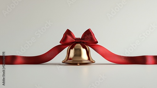 Gold bell with red bow and ribbon on white for holidays. photo