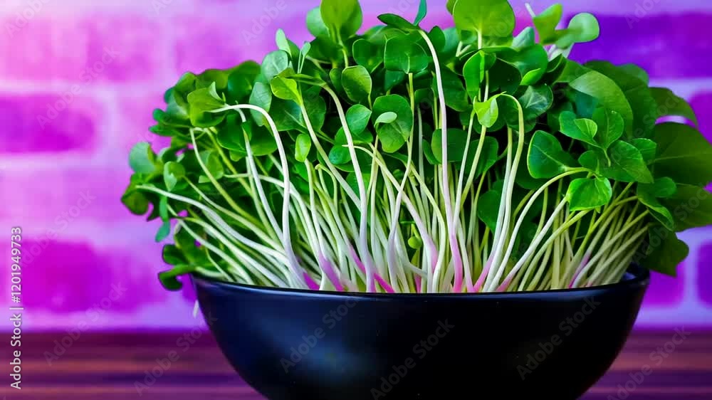 Fresh microgreens in a black bowl against a vibrant backdrop, ideal for health and wellness themes Fresh microgreens in a black bowl against a vibrant backdrop, ideal for health and wellness themes