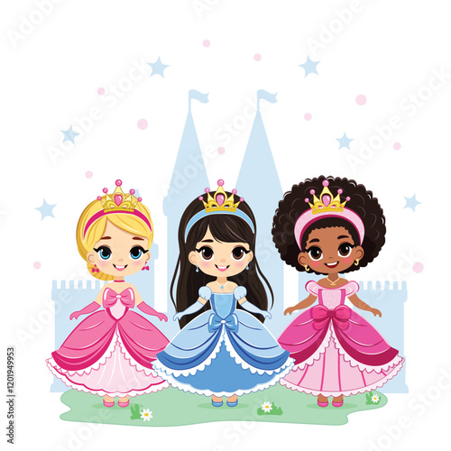 Cute different nationalities little princess with beautiful eyes and golden crown. Poster, Banner, Flyer, Greeting Card. Vector illustration in flat drawn cartoon style