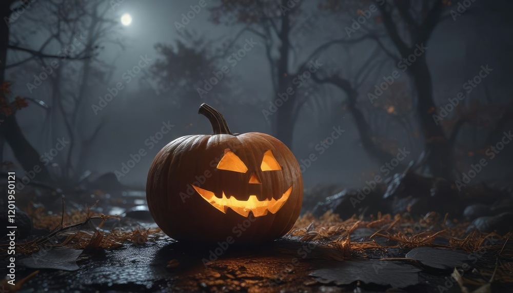 A lone pumpkin aglow in the darkness of a misty autumn evening, outdoor lighting, misty landscape A lone pumpkin aglow in the darkness of a misty autumn evening, outdoor lighting, misty landscape