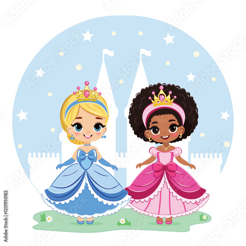 Cute different nationalities little princess with beautiful eyes and golden crown. Poster, Banner, Flyer, Greeting Card. Vector illustration in flat drawn cartoon style