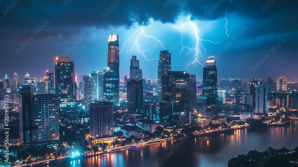 Obraz premium Lightning strikes over modern cityscape at night illuminating skyscrapers and streets, dangerous storm, river 
