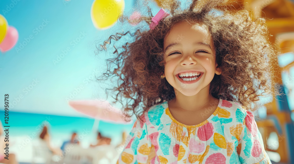 Joyful Child with Curly Hair at the Beach, Summer Fun and Happiness Joyful Child with Curly Hair at the Beach, Summer Fun and Happiness