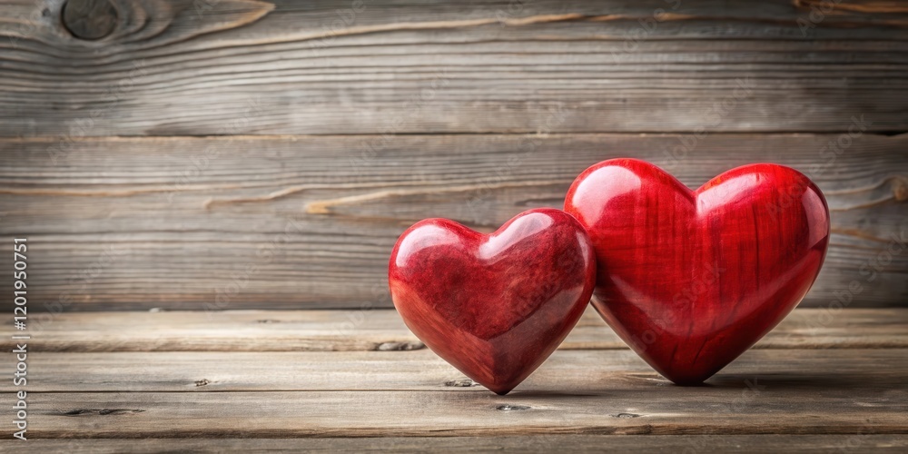 Two large red hearts on a rustic wooden surface Two large red hearts on a rustic wooden surface