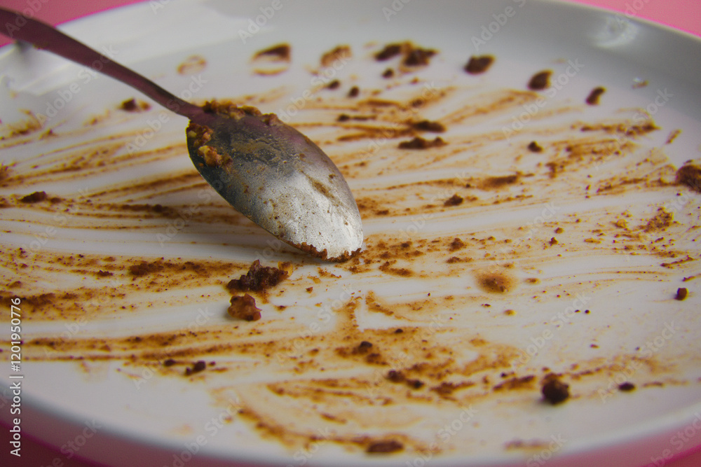 Fototapeta premium Empty Plate with Food Remnants and Spoon on Pink Background