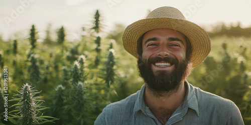 Smiling male farmer with a beard wearing a straw hat in a vibrant green hemp field, surrounded by plants under a sunny blue sky, showcasing sustainable agriculture and happiness.