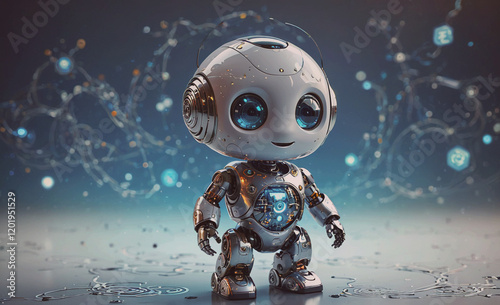 A robot with blue eyes stands in front of a blue background. The robot is smiling and he is happy
