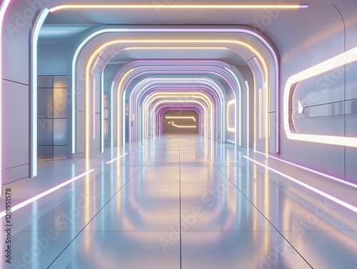 A futuristic corridor with glowing neon lights and a glossy floor, creating a vibrant and modern atmosphere.