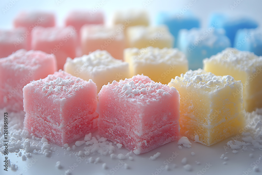A high-quality photograph of soft, fluffy marshmallows in pastel colors, neatly arranged on a white surface with soft lighting, creating a cozy atmosphere A high-quality photograph of soft, fluffy marshmallows in pastel colors, neatly arranged on a white surface with soft lighting, creating a cozy atmosphere