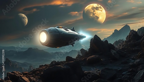 Spaceship Flying Over Alien Planet Landscape photo