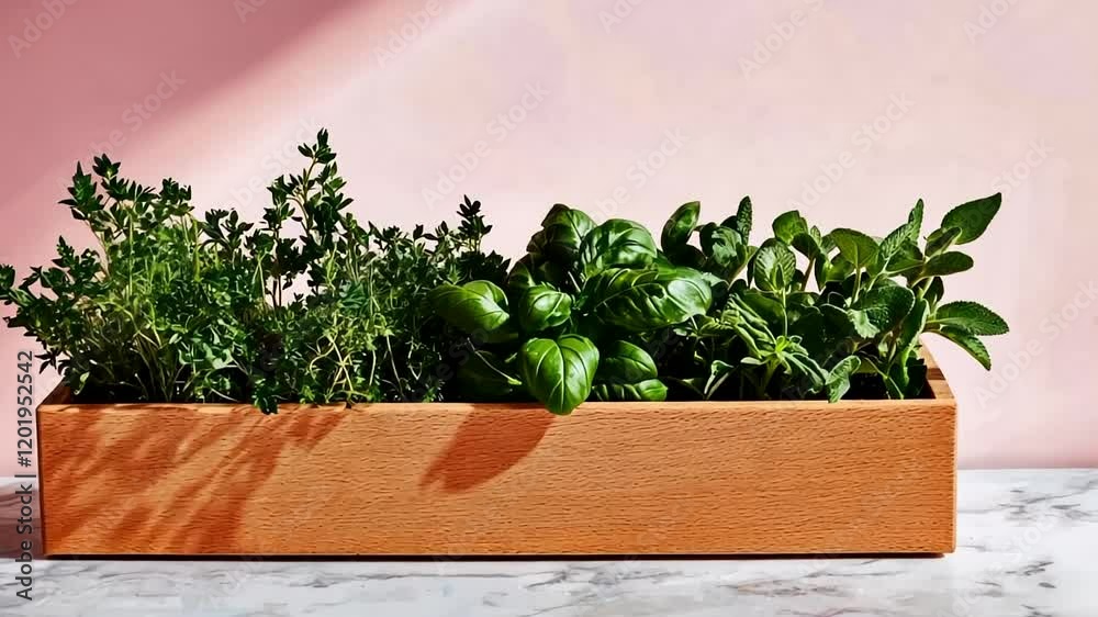 A wooden planter box filled with fresh herbs against a pink background, ideal for kitchen decor and sustainable living