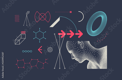 Art composition with geometric shapes and forms. Discovery, studying and learning concept. Man scientist thinking. Memphis design. Cover design template. Vector for brochure, poster, flyer or banner.