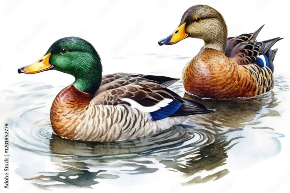 ducks in water watercolor illustration., watercolor style, Generative AI