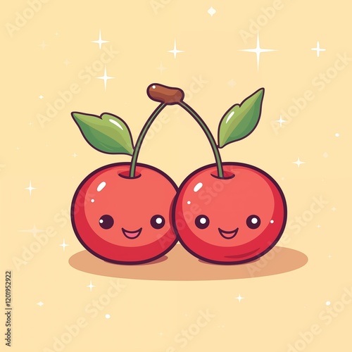 Cute Cartoon Cherries with Smiling Faces on Yellow Background