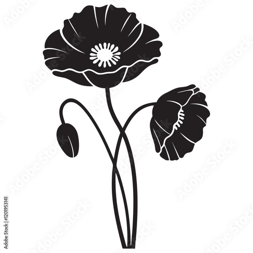 Poppy flower, Iceland poppy flower black silhouette, California Poppy flower vector illustration icon
 photo