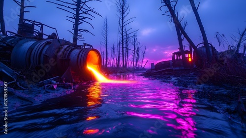 Toxic Wasteland River Flowing Through Abandoned Industrial Dystopia