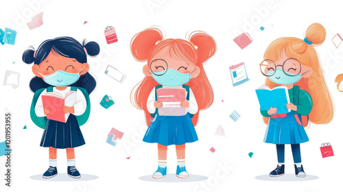 Three girls wearing masks and carrying books, illustration