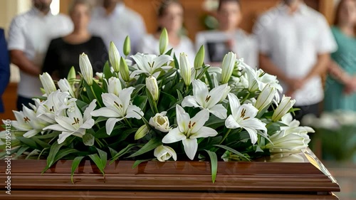 An elegant coffin adorned with white lilies at a funeral service, symbolizing mourning and remembrance