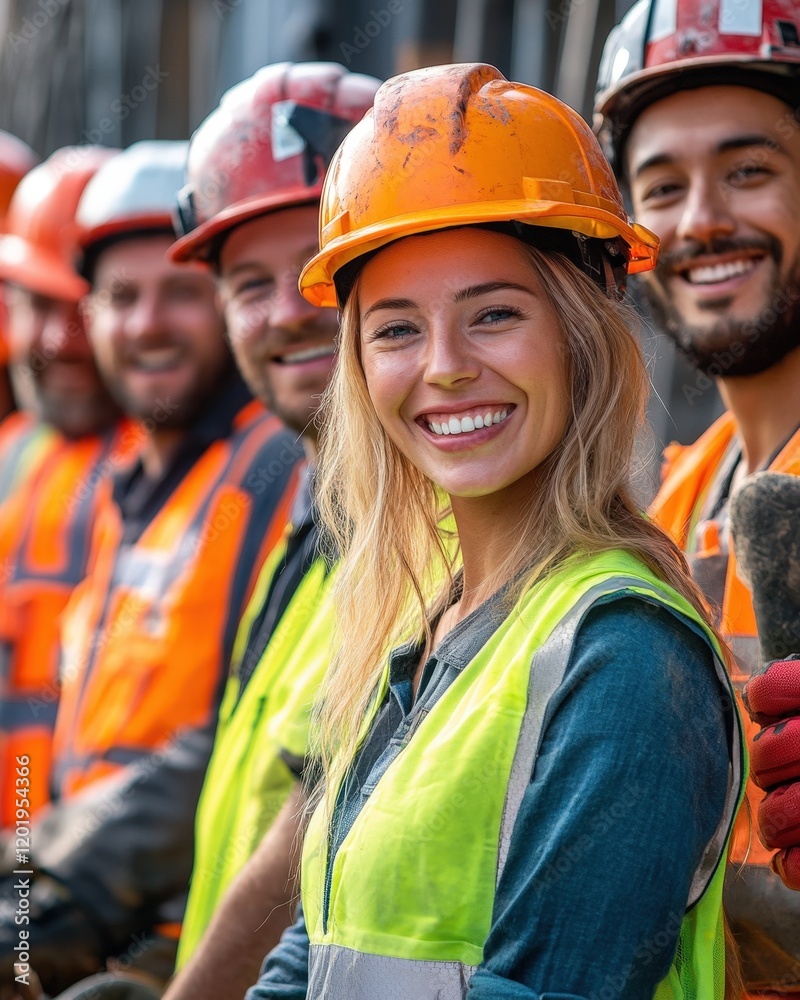 A vibrant photo of a group of construction workers in safety gear smiling and posing for a team photo A vibrant photo of a group of construction workers in safety gear smiling and posing for a team photo