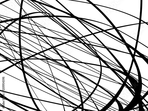 Black tangled thread background. Vector illustration of abstract circular pen strokes, on white background. Hand drawn tangled scribbles. Isolated vector illustration on white background.