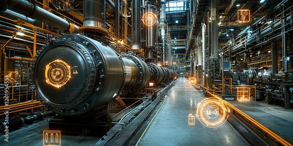 Advanced industrial facility with futuristic technology in operation at a processing plant Advanced industrial facility with futuristic technology in operation at a processing plant