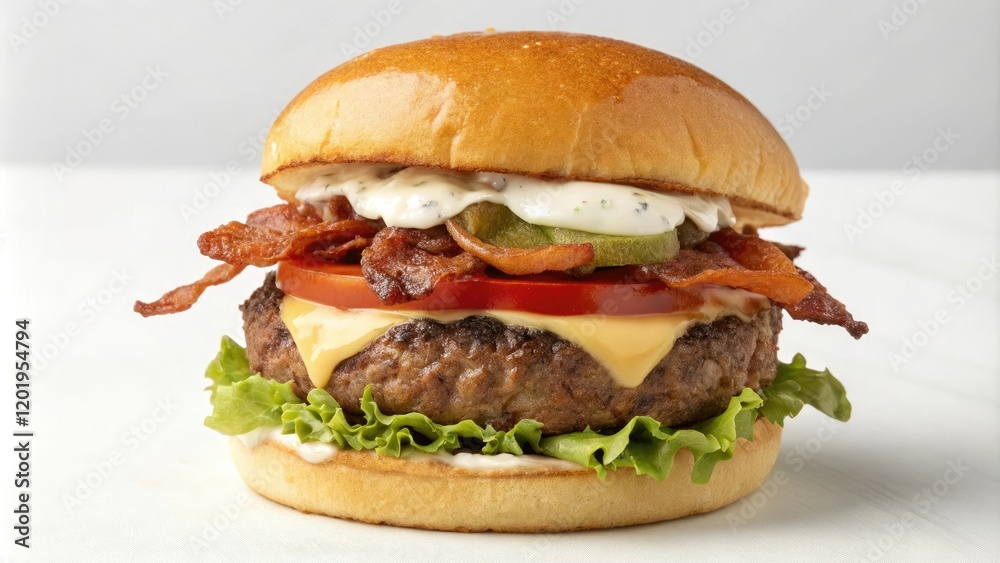 A mouthwatering burger featuring a beef patty topped with creamy cheese lettuce tomato and crispy bacon on a soft bun, bread, cheese A mouthwatering burger featuring a beef patty topped with creamy cheese lettuce tomato and crispy bacon on a soft bun, bread, cheese