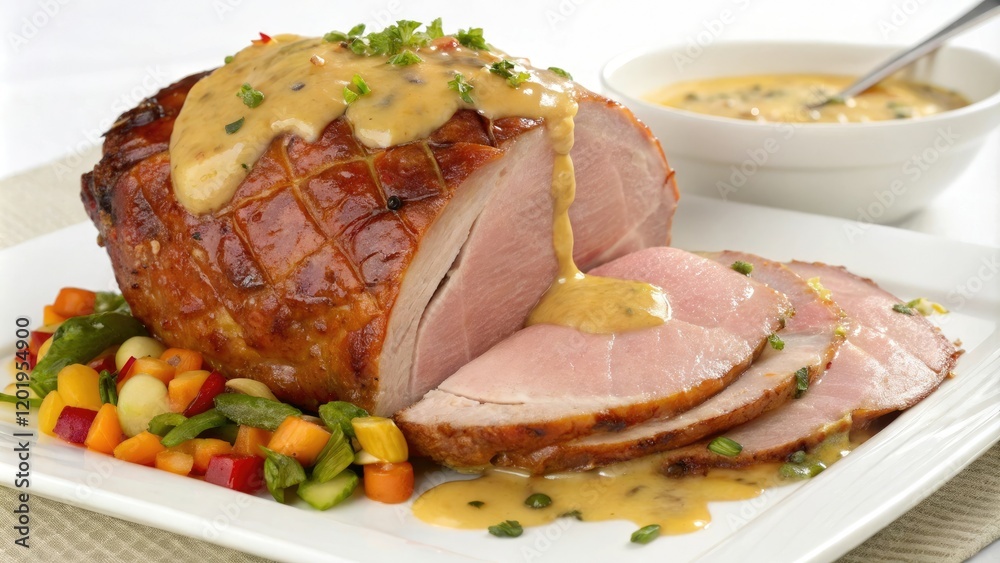 A mouthwatering roasted ham with a rich mustard sauce and crunchy vegetables, roasted ham, comforting meal A mouthwatering roasted ham with a rich mustard sauce and crunchy vegetables, roasted ham, comforting meal