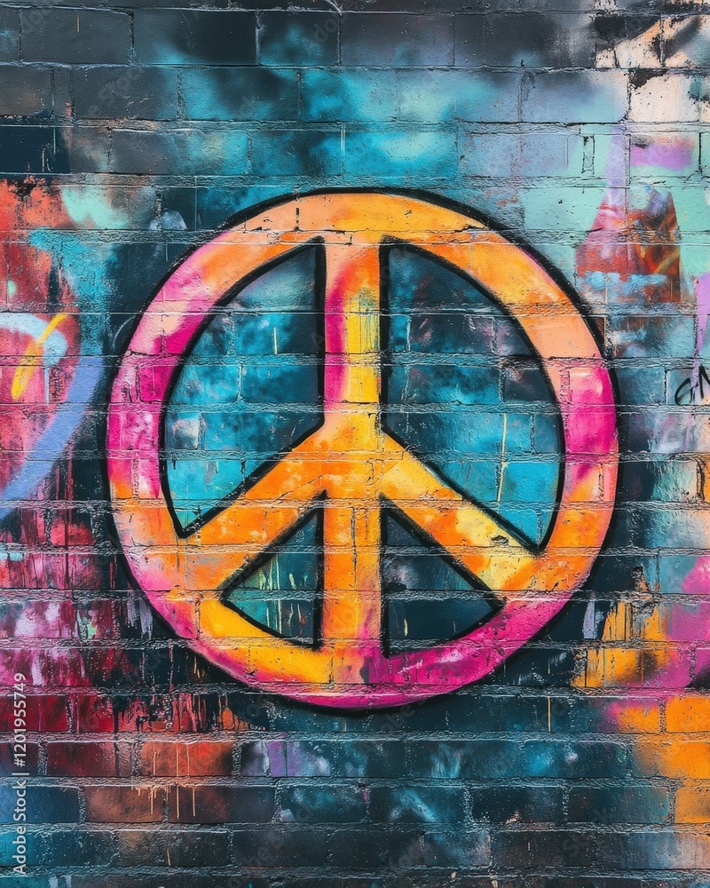 A vibrant photo of a peace sign painted on a wall, surrounded by bright graffiti art