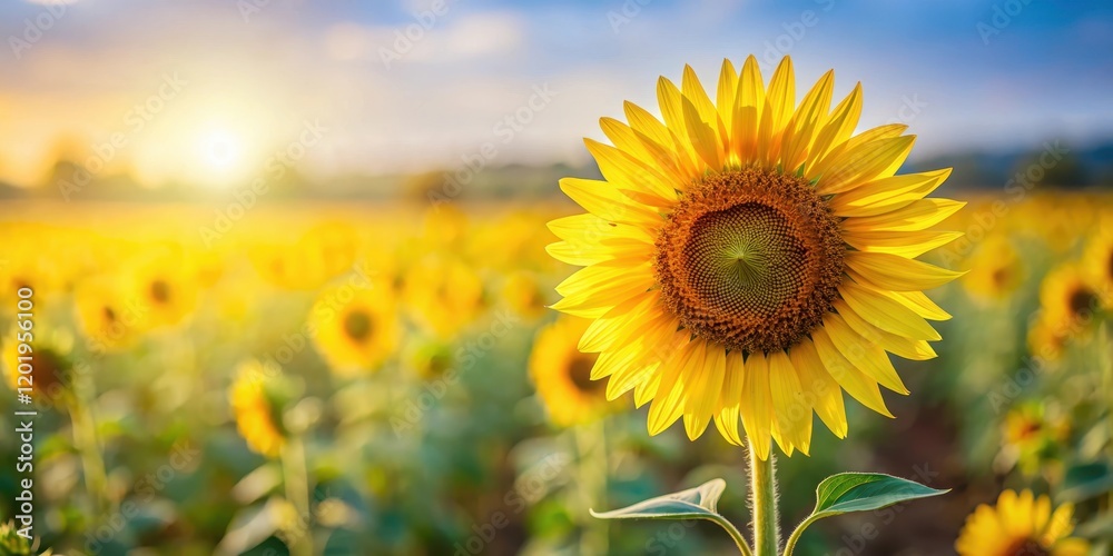 A bright yellow sunflower stands tall in a field with blurred sunny background , sunny fields, landscape, sunny fields A bright yellow sunflower stands tall in a field with blurred sunny background , sunny fields, landscape, sunny fields