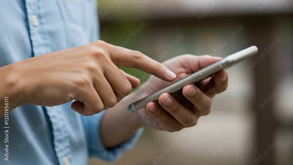 Close-up of hands using a smartphone outdoors, representing modern communication, technology and staying connected during leisure time in a public space Close-up of hands using a smartphone outdoors, representing modern communication, technology and staying connected during leisure time in a public space