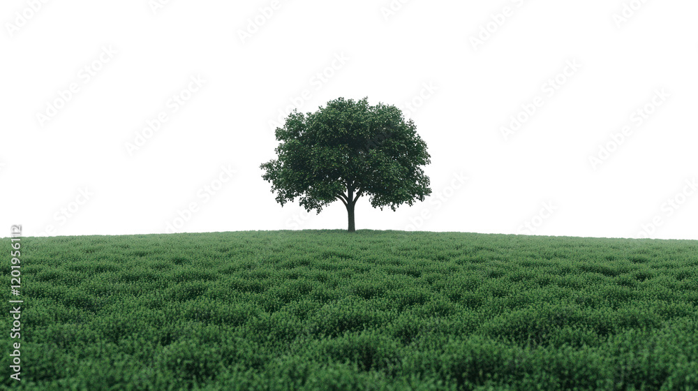 Fototapeta premium A solitary tree stands tall on a lush green field, showcasing the beauty of nature and the tranquility of open landscapes.