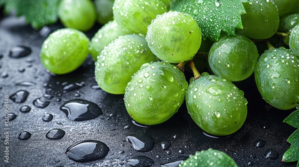 Fresh green grapes with water drops on dark background. Fresh green grapes with water drops on dark background.