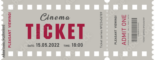 Ticket coupon for cinema on grey background. Vector illustration.