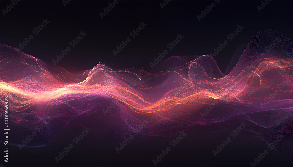 Obraz premium Abstract flowing waves of vibrant pink and orange particles on a dark background. Ideal for technology, energy, or data visualization projects.