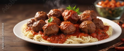 A plate of steaming hot beef meatballs in a rich tomato sauce , comfort food, homestyle cooking, homemade meal