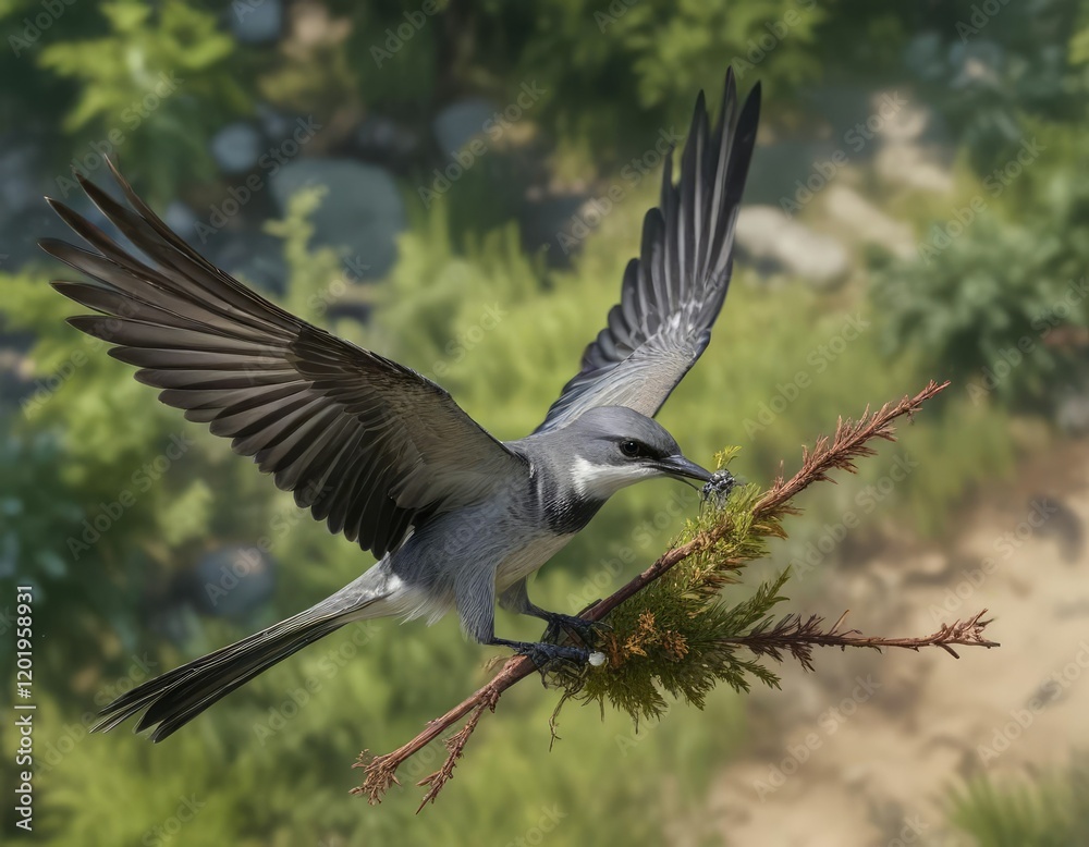 Fototapeta premium Aerial view of the kingbird flying through the air while carrying a dragonfly in her beak, nature, bird