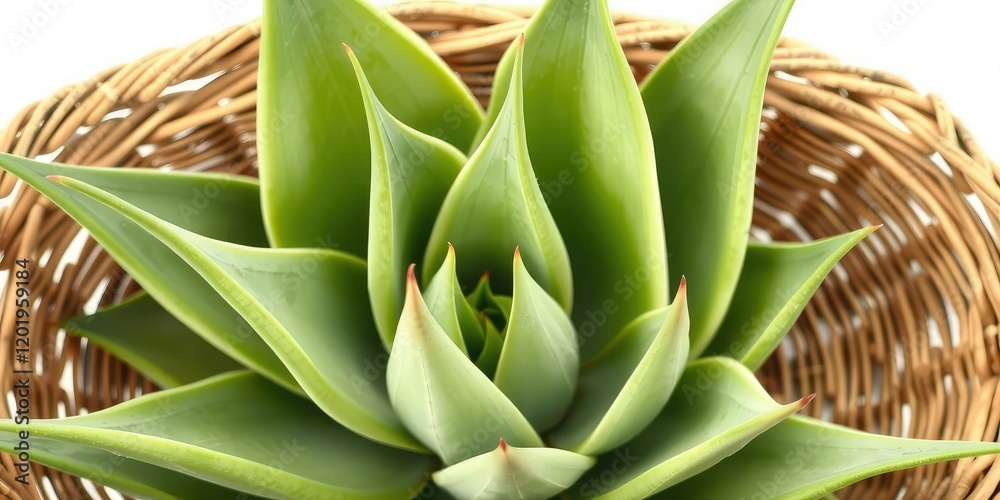 Obraz premium Agave leaves and stems in a natural fiber basket on a white background, woven basket, nature texture, rustic decor