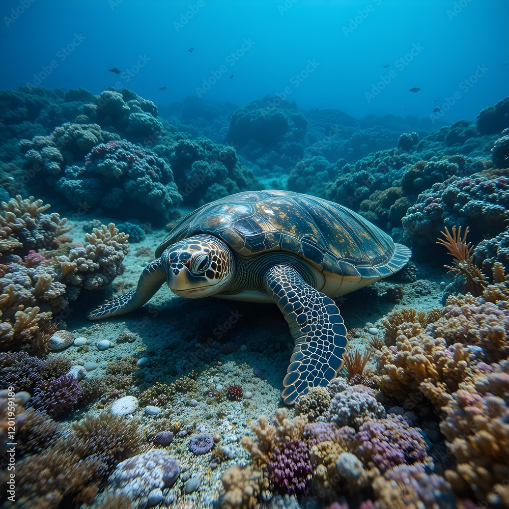Naklejka premium A Serene Underwater Scene with a Sea Turtle and Vibrant Coral Reefs