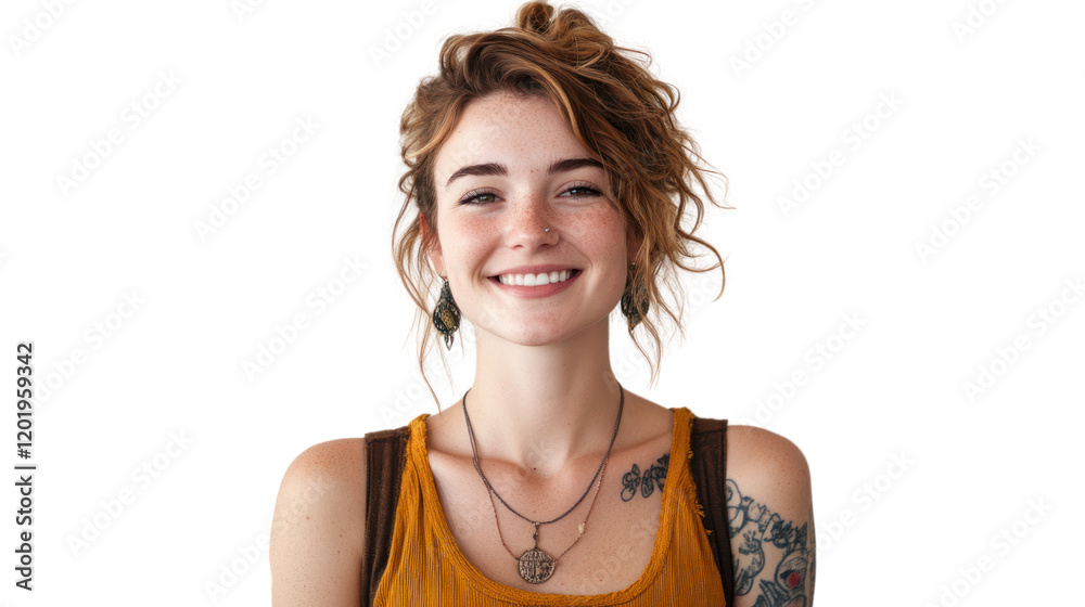 A joyful young woman with curly hair and tattoos smiles at the camera, exuding a warm and friendly vibe. Perfect for lifestyle and personal portraits. A joyful young woman with curly hair and tattoos smiles at the camera, exuding a warm and friendly vibe. Perfect for lifestyle and personal portraits.