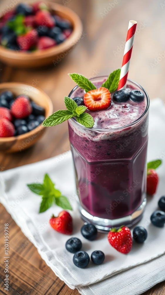 A refreshing blueberry and yogurt smoothie in a glass with a garnish of fresh berries and mint leaves on a wooden table, fresh, blueberry, smoothie A refreshing blueberry and yogurt smoothie in a glass with a garnish of fresh berries and mint leaves on a wooden table, fresh, blueberry, smoothie