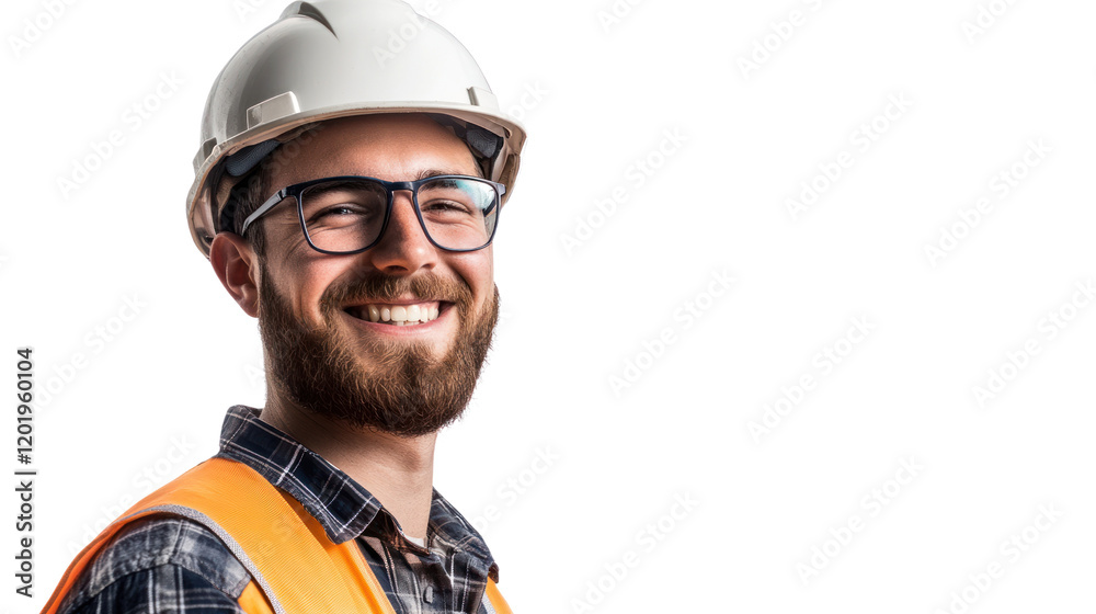 Fototapeta premium A cheerful construction worker wearing protective gear, including a hard hat and safety vest. He represents safety and professionalism in the workplace.
