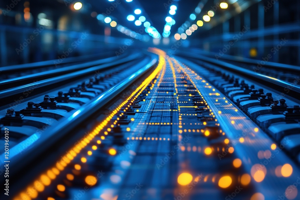 Fototapeta premium Illuminated train tracks at night, glowing lines between rails.