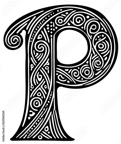 Celtic Letter P Book of Kells Irish Gothic Medieval Ornate Calligraphy Vector Typography