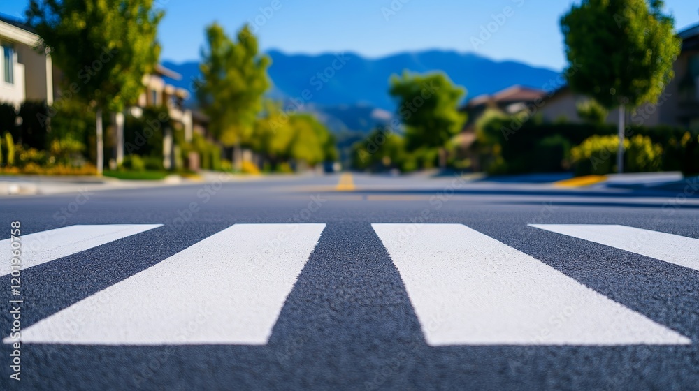 Obraz premium Suburban Street Crosswalk - A close-up view of a crosswalk on a quiet residential street, with houses and mountains in the background.