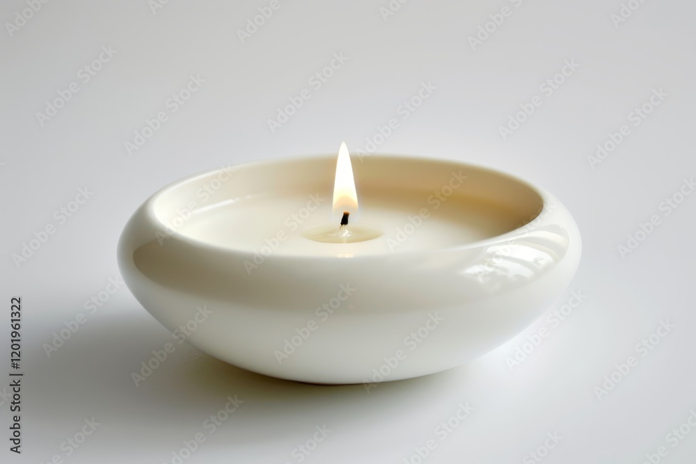 A white bowl candle with a single flame, creating a calming ambiance. A white bowl candle with a single flame, creating a calming ambiance.