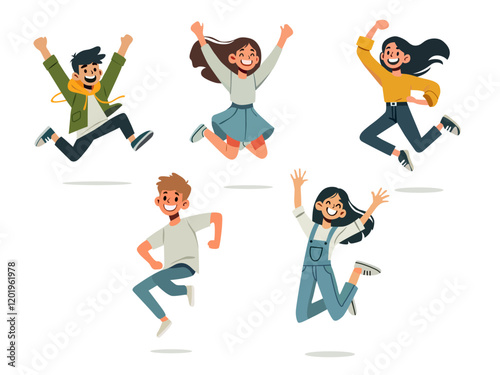 happy people cartoon character celebrating success cheerfully jumping rejoicing win victory illustration clipart set