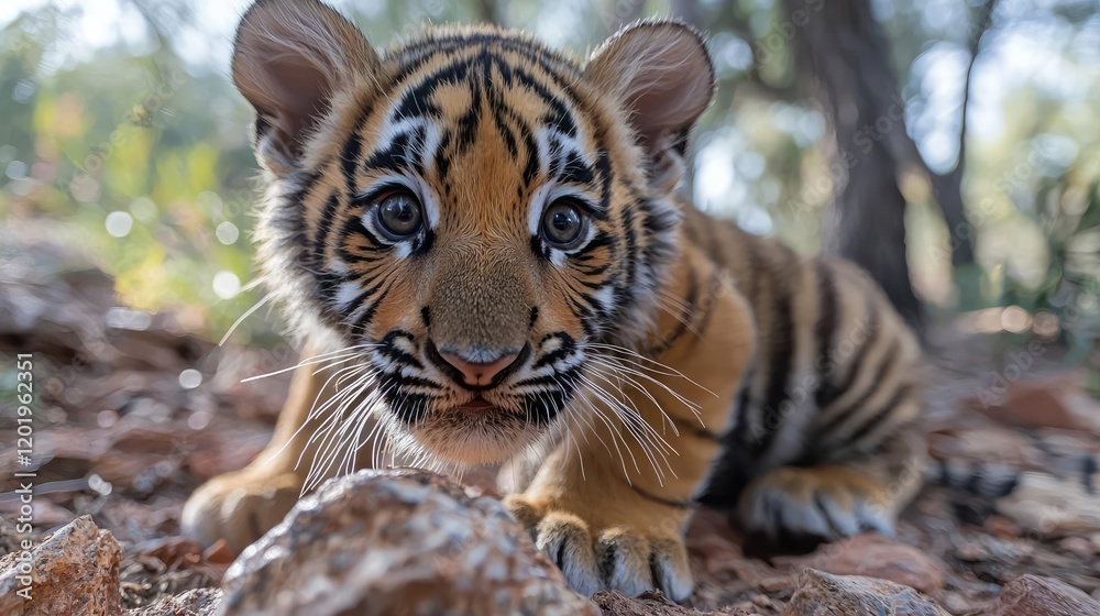 Obraz premium Tiger cub crouches on the rocky forest floor in natural daylight, looking curiously at the camera.