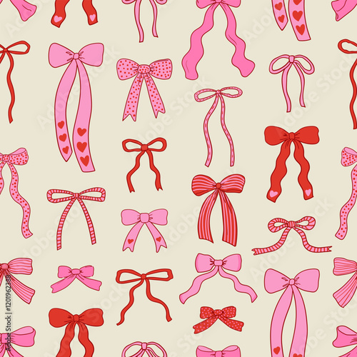 Coquette vintage seamless pattern with various whimsical bows and ribbons. Vector hand drawn background for holiday designs, wrapping paper, textile, etc.