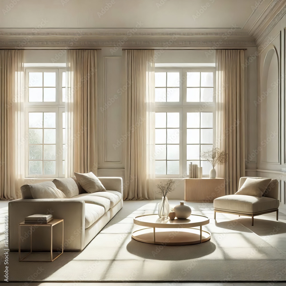 Fototapeta premium A bright, spacious living room with elegant minimalist furniture in soft neutral tones. Natural light streams through large windows, emphasizing simplicity and warmth