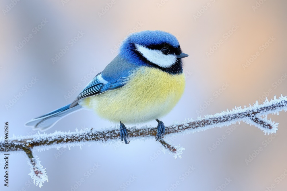 Fototapeta premium Charming Bird Perched on Frost-Covered Branch